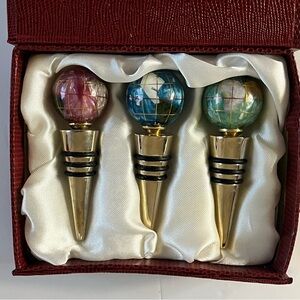 Set of 3 Globe Wine Bottle Stoppers with Gift Box – Elegant Gold & Inlay Design